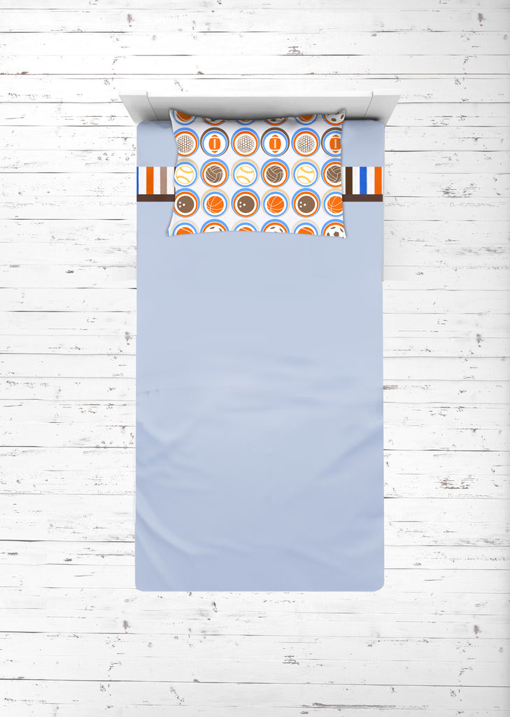 Boys 4 pc Toddler Bedding/3 pc Sheet Set 100% Cotton Percale, Mod Sports Stripes, Blue/Orange/Beige/Brown - Bacati - 4 pc Toddler Bedding Set - Bacati