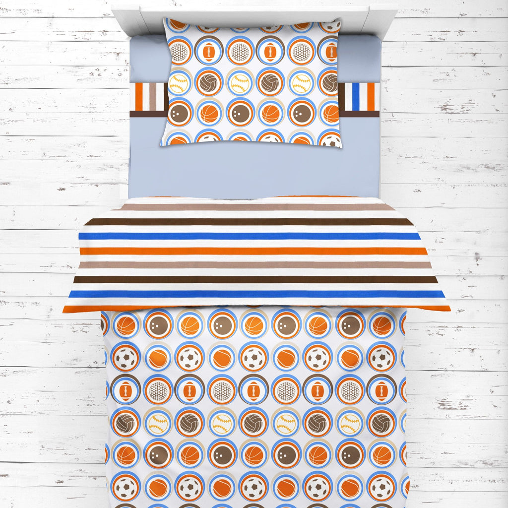 Boys 4 pc Toddler Bedding/3 pc Sheet Set 100% Cotton Percale, Mod Sports Stripes, Blue/Orange/Beige/Brown - Bacati - 4 pc Toddler Bedding Set - Bacati