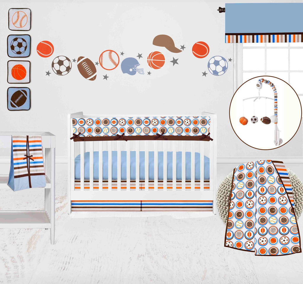 Mod Sports Blue/Orange/Chocolate Boys Crib Bedding Set - Bacati - Crib Bedding Set - Bacati