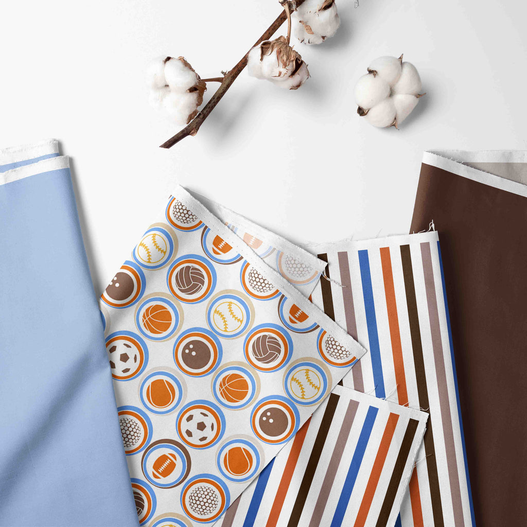 Boys 4 pc Toddler Bedding/3 pc Sheet Set 100% Cotton Percale, Mod Sports Stripes, Blue/Orange/Beige/Brown - Bacati - 4 pc Toddler Bedding Set - Bacati