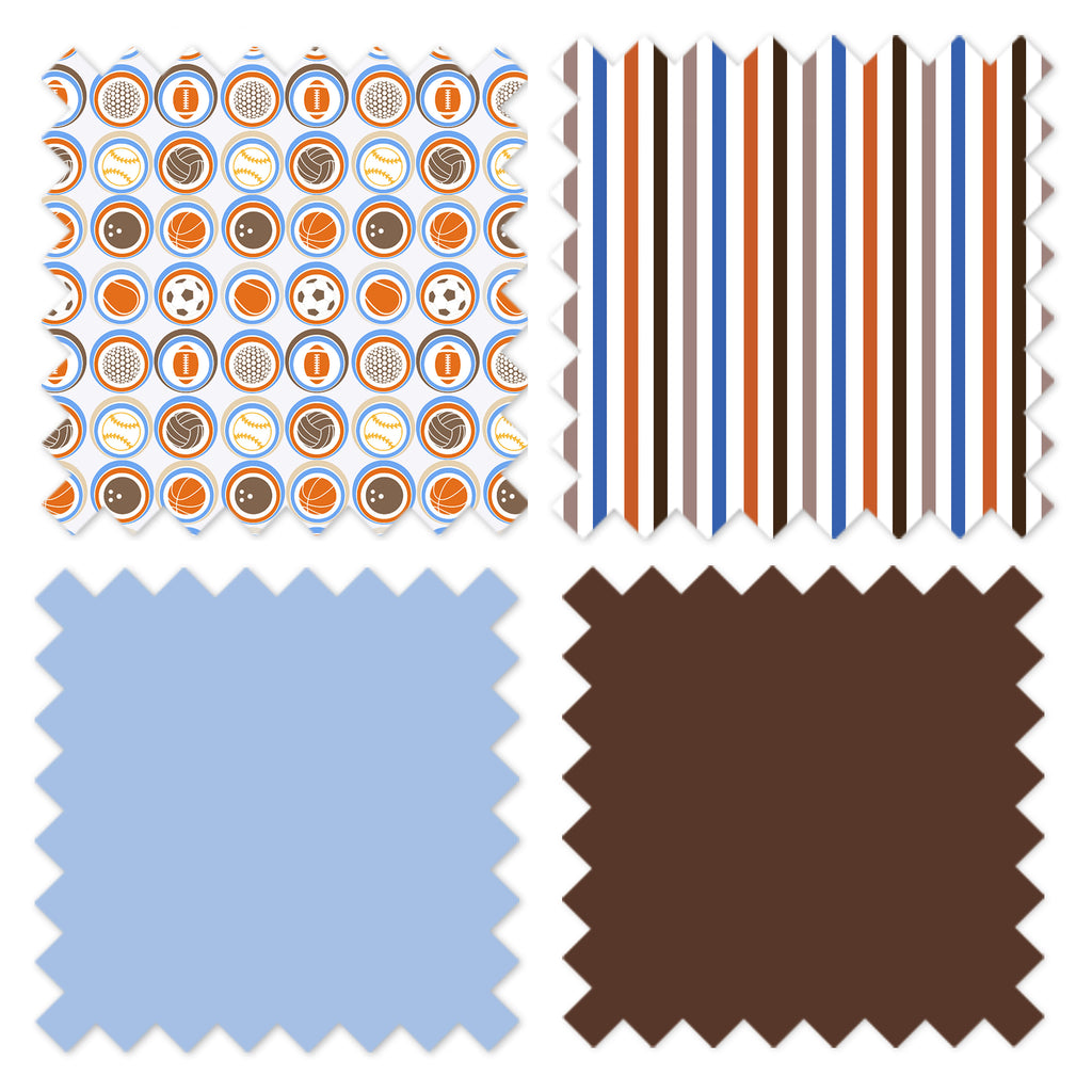 Boys 4 pc Toddler Bedding/3 pc Sheet Set 100% Cotton Percale, Mod Sports Stripes, Blue/Orange/Beige/Brown - Bacati - 4 pc Toddler Bedding Set - Bacati
