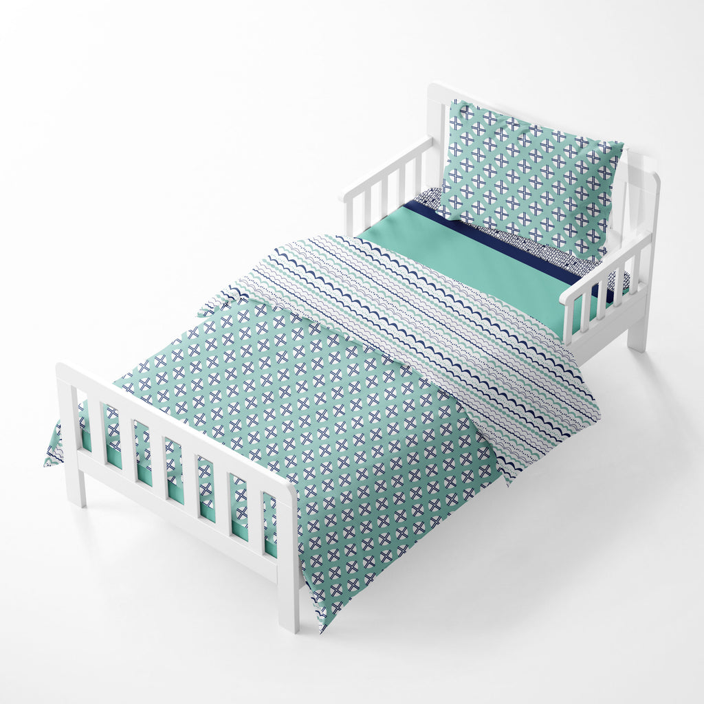 Boys 4 pc Toddler Bedding/3 pc Sheet Set 100% Cotton Percale, Tribal Noah Mint/Navy - Bacati - 4 pc Toddler Bedding Set - Bacati