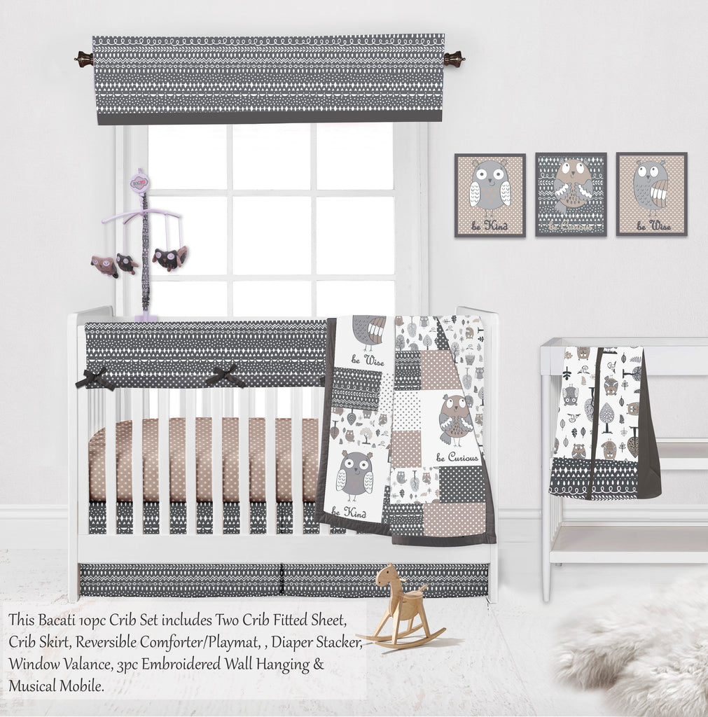 Owls in the Woods Beige/Grey Neutral Crib Bedding Set - Bacati - Crib Bedding Set - Bacati