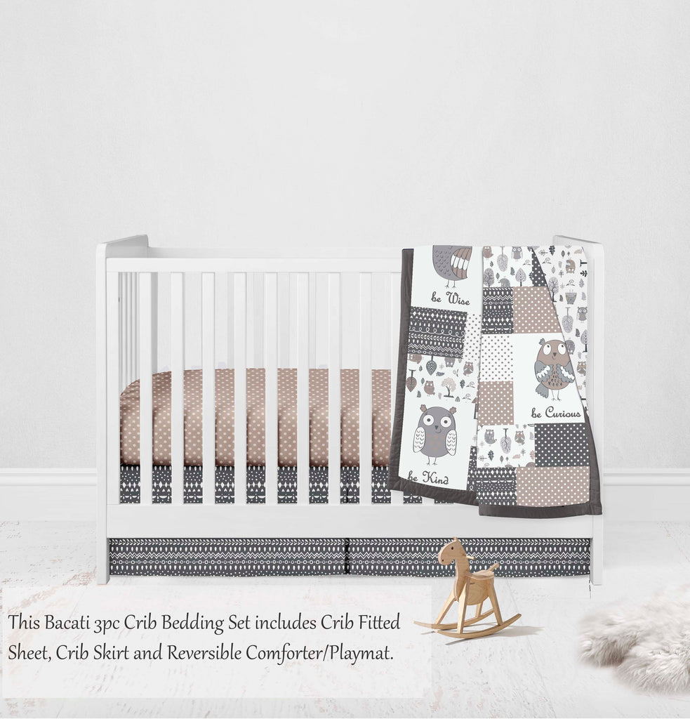 Owls in the Woods Beige/Grey Neutral Crib Bedding Set - Bacati - Crib Bedding Set - Bacati