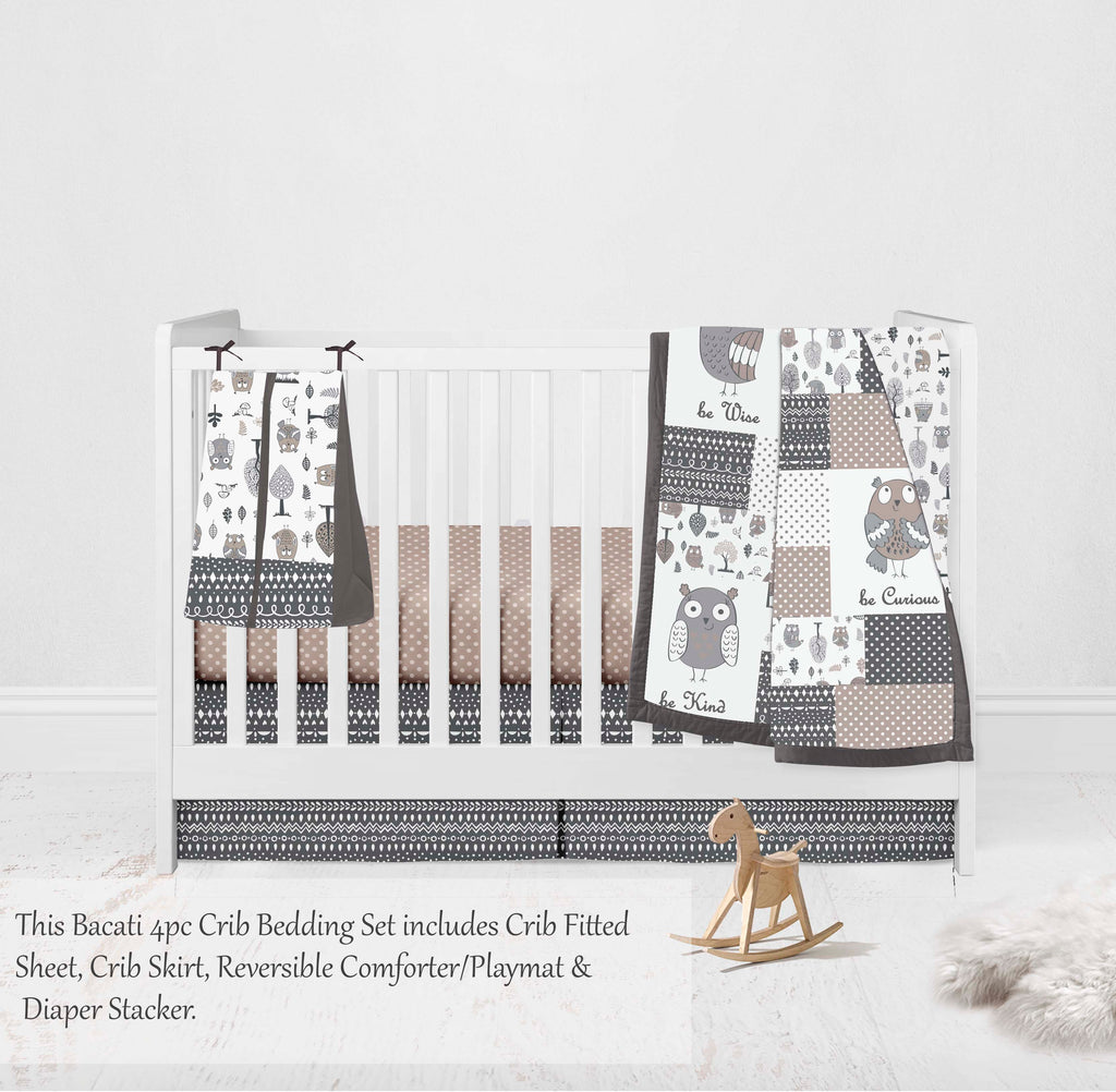 Owls in the Woods Beige/Grey Neutral Crib Bedding Set - Bacati - Crib Bedding Set - Bacati