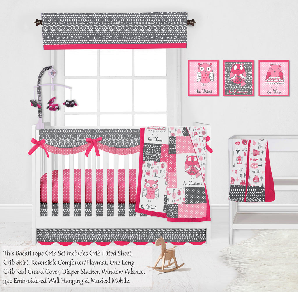 Owls in the Woods Pink/Grey Girls Crib Bedding Set - Bacati - Crib Bedding Set - Bacati