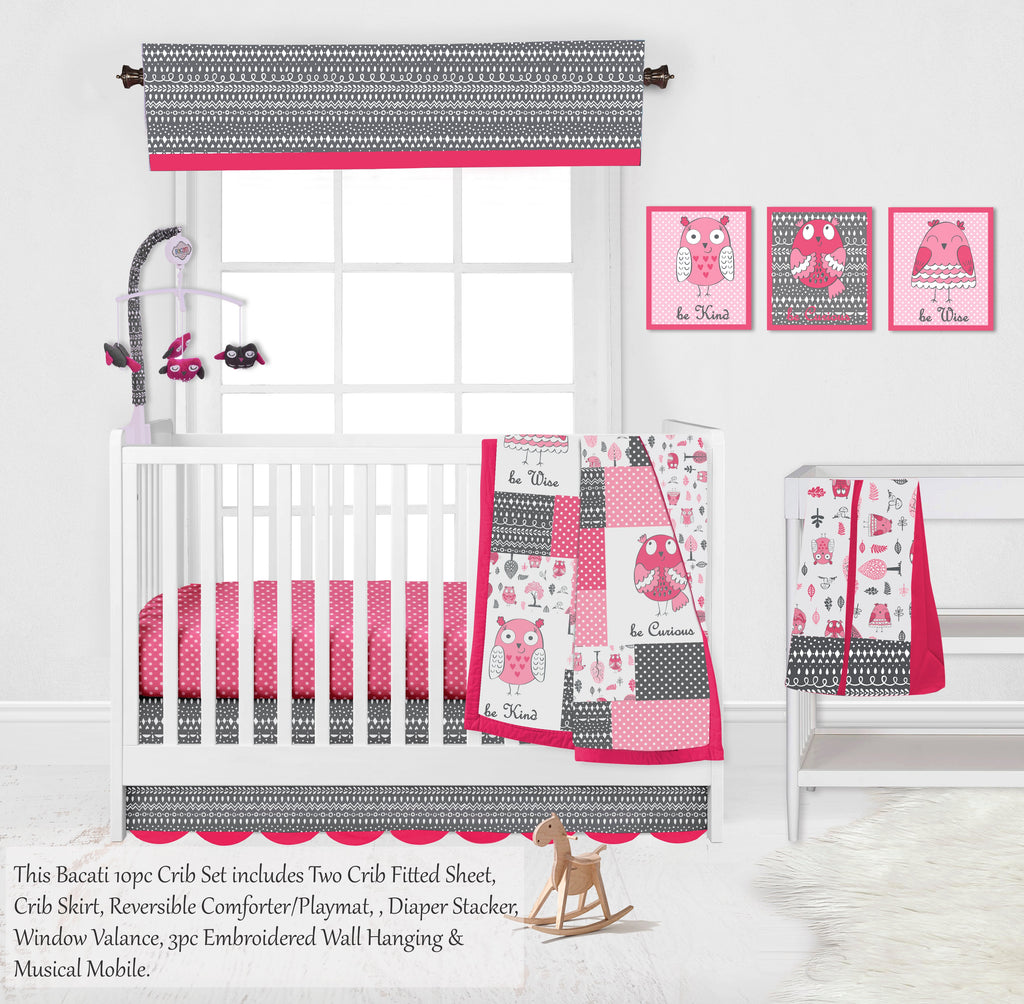 Owls in the Woods Pink/Grey Girls Crib Bedding Set - Bacati - Crib Bedding Set - Bacati