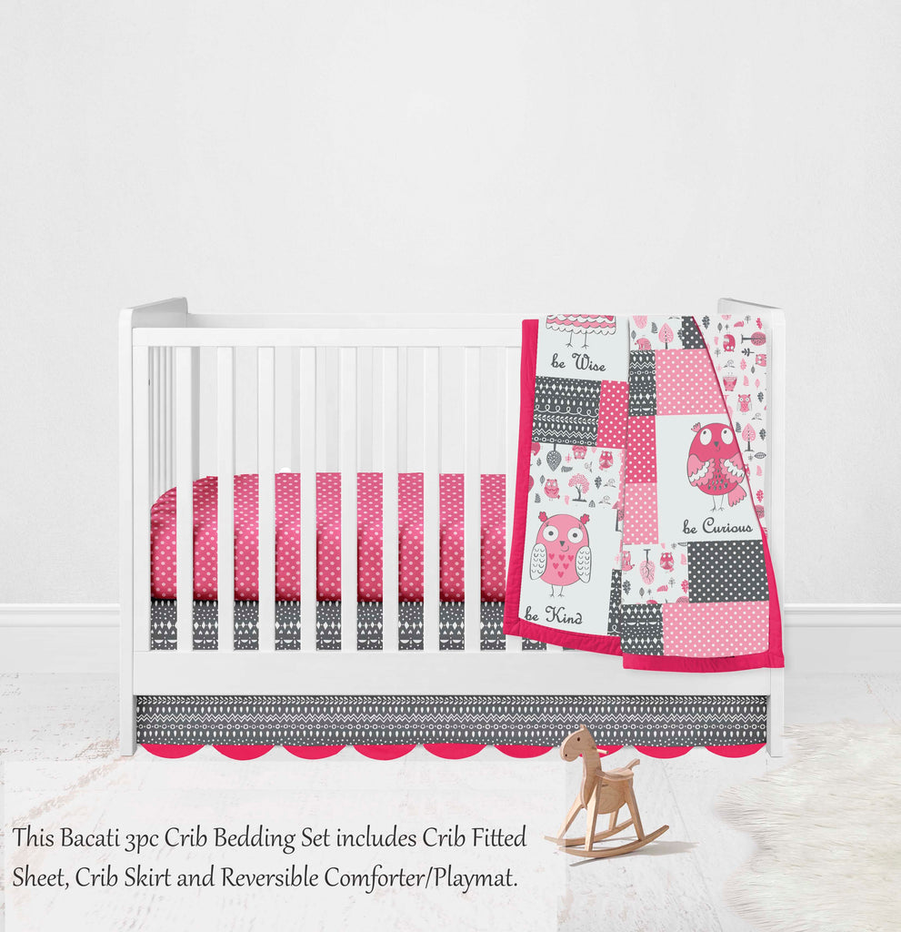 Owls in the Woods Pink/Grey Girls Crib Bedding Set - Bacati - Crib Bedding Set - Bacati