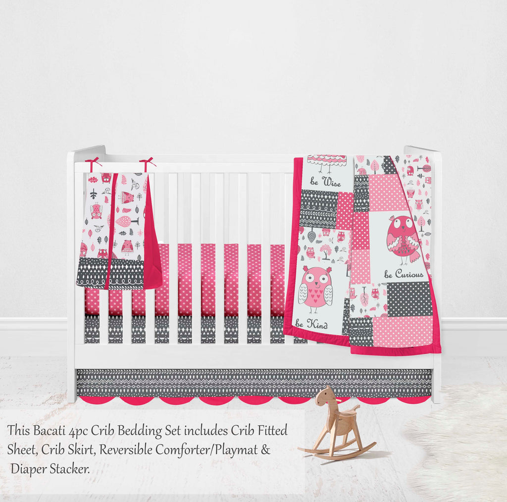 Owls in the Woods Pink/Grey Girls Crib Bedding Set - Bacati - Crib Bedding Set - Bacati