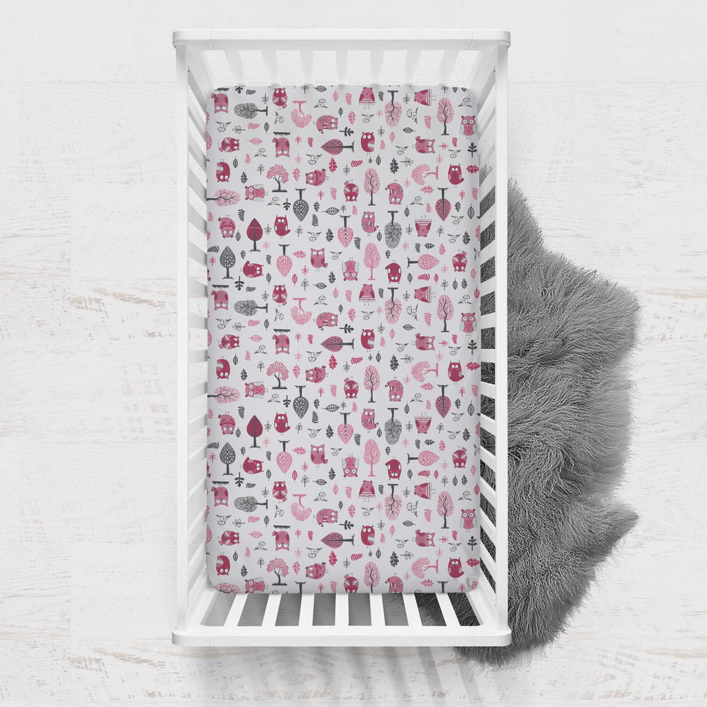 Crib or Toddler Bed Fitted Sheet 100% Cotton Percale, Owls in the Woods Pink/Grey - Bacati - Crib/Toddler Fitted Sheet - Bacati