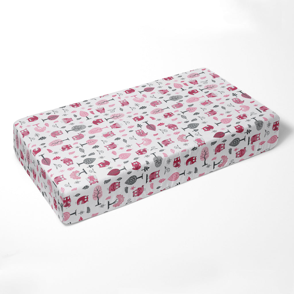 Crib or Toddler Bed Fitted Sheet 100% Cotton Percale, Owls in the Woods Pink/Grey - Bacati - Crib/Toddler Fitted Sheet - Bacati