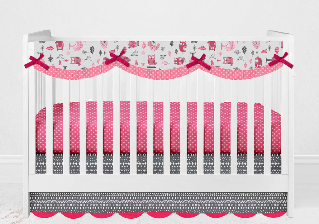 Crib Rail Guard Covers with Safety Padding, Owls in the Woods Pink/Grey - Bacati - Crib Rail Guard - Bacati