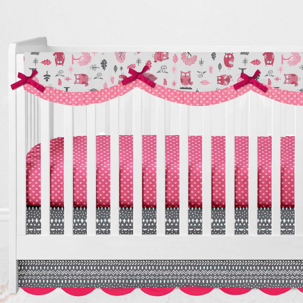 Crib Rail Guard Covers with Safety Padding, Owls in the Woods Pink/Grey - Bacati - Crib Rail Guard - Bacati