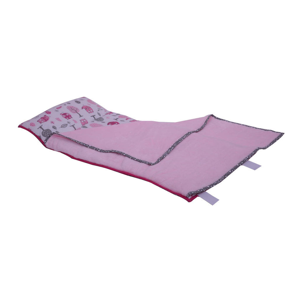 Bacati - Toddlers Daycare/Sleepover Nap Mat with Pillow & Blanket, Owls in the Woods Pink/Grey - Bacati - Toddler Napmat - Bacati
