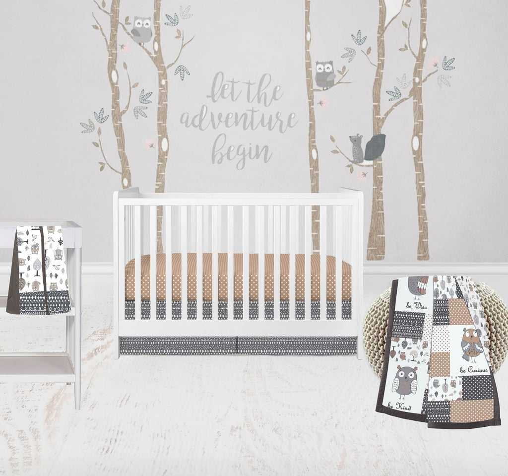 Owls in the Woods Beige/Grey Neutral Crib Bedding Set - Bacati - Crib Bedding Set - Bacati