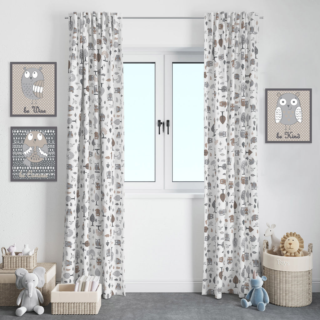 Bacati - Owls in the Woods Beige/Grey Window Curtain Panel/Valance - Bacati - Window Treatments - Bacati