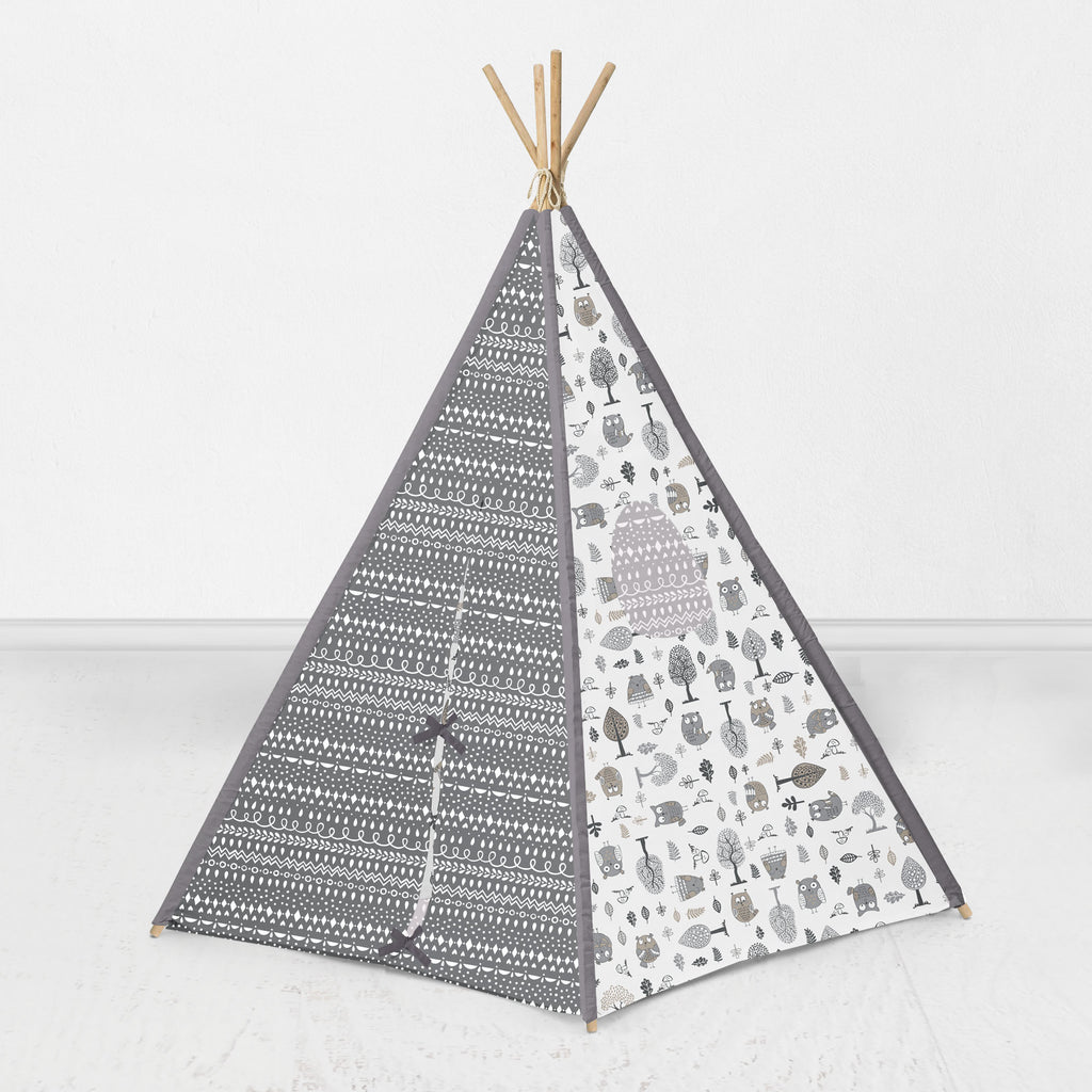 Bacati Owls in the Woods Teepee Tent for Kids/Toddlers, 100% Cotton Percale Fabric Cover, Beige/Grey - Bacati - Tee Pee - Bacati