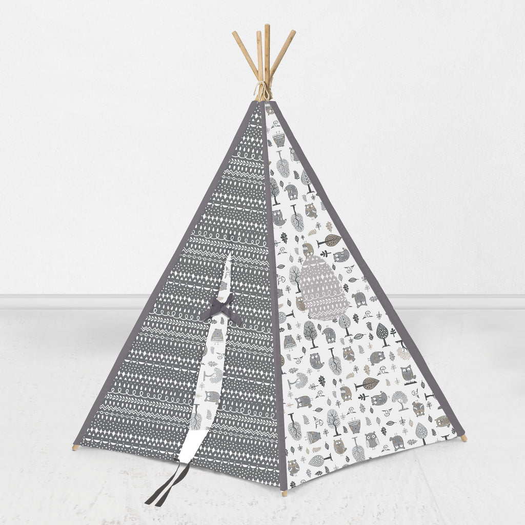 Bacati Owls in the Woods Teepee Tent for Kids/Toddlers, 100% Cotton Percale Fabric Cover, Beige/Grey - Bacati - Tee Pee - Bacati