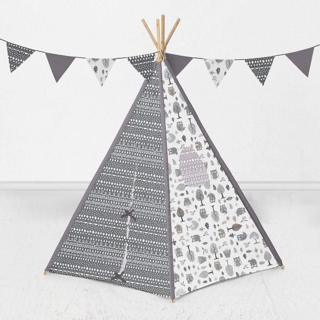 Bacati Owls in the Woods Teepee Tent for Kids/Toddlers, 100% Cotton Percale Fabric Cover, Beige/Grey - Bacati - Tee Pee - Bacati