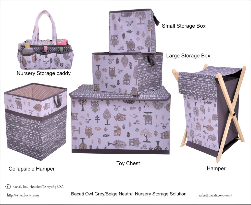 Bacati - Owls in the Woods Neutral Nursery Kids Storage Items, Beige/Grey - Bacati - Nursery/Kids Storage - Bacati