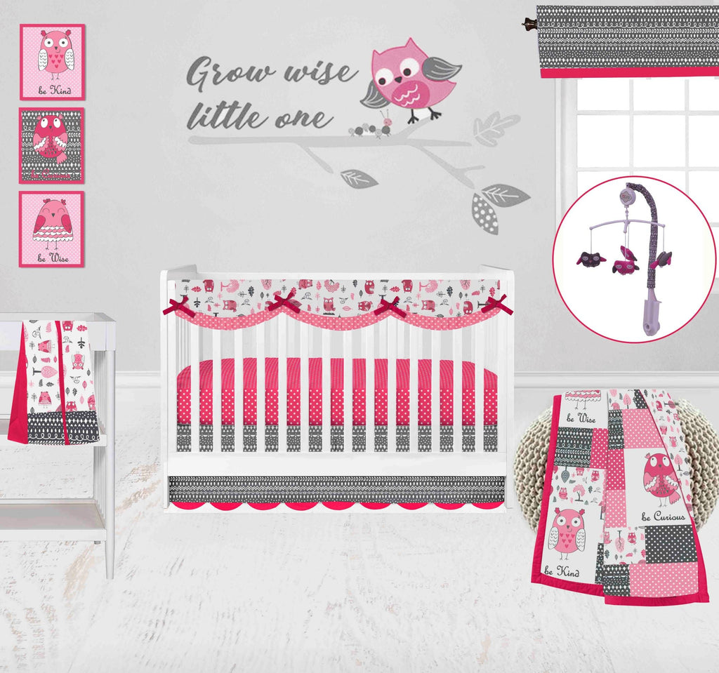 Owls in the Woods Pink/Grey Girls Crib Bedding Set - Bacati - Crib Bedding Set - Bacati