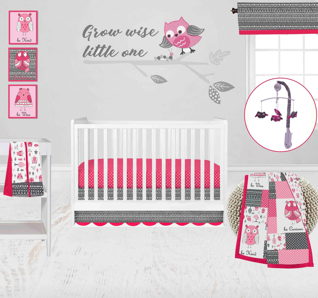 Owls in the Woods Pink/Grey Girls Crib Bedding Set - Bacati - Crib Bedding Set - Bacati