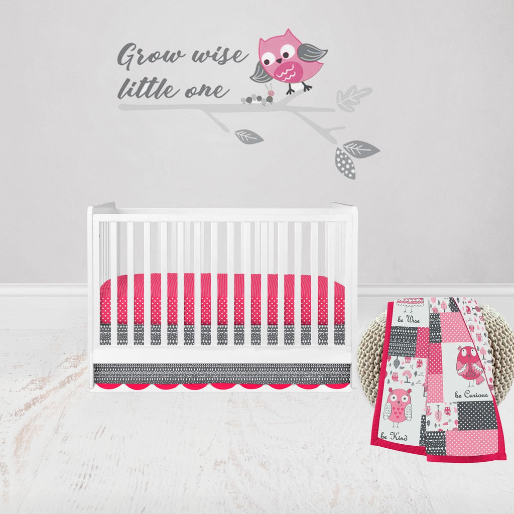 Owls in the Woods Pink/Grey Girls Crib Bedding Set - Bacati - Crib Bedding Set - Bacati