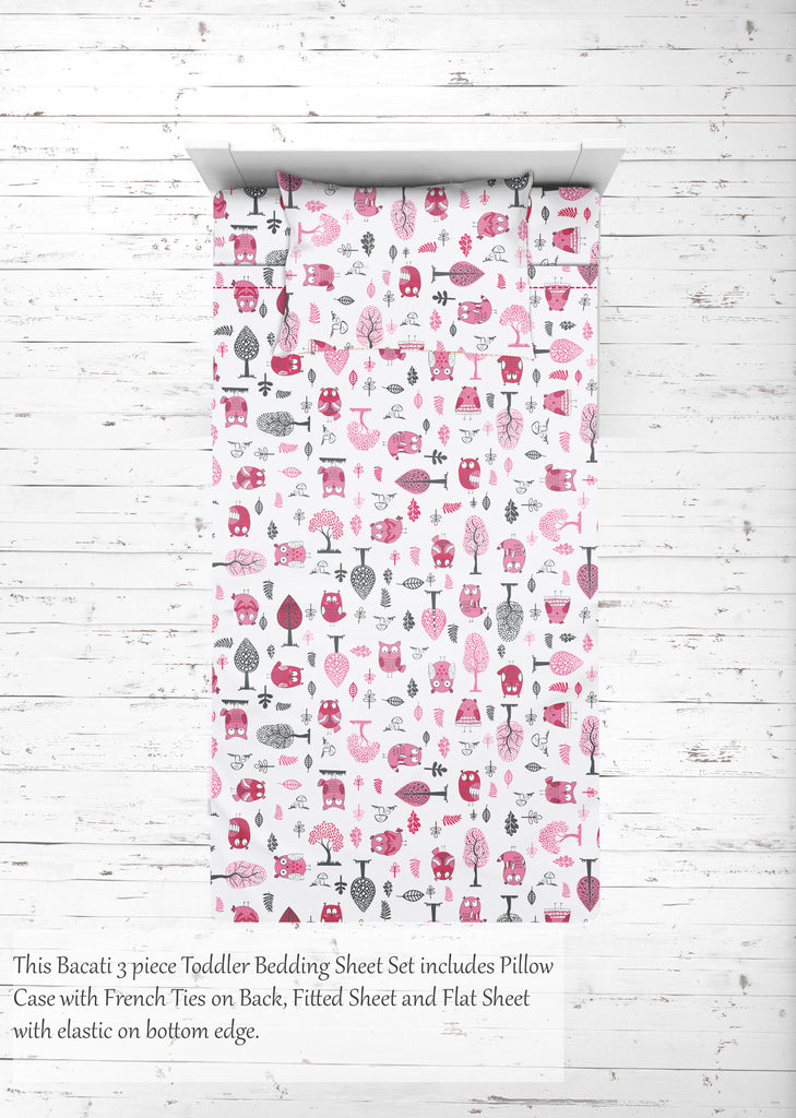 Toddler Bedding/Sheet Set 100% Cotton Percale, Owls in the Woods Pink/Grey - Bacati - 4 pc Toddler Bedding Set - Bacati