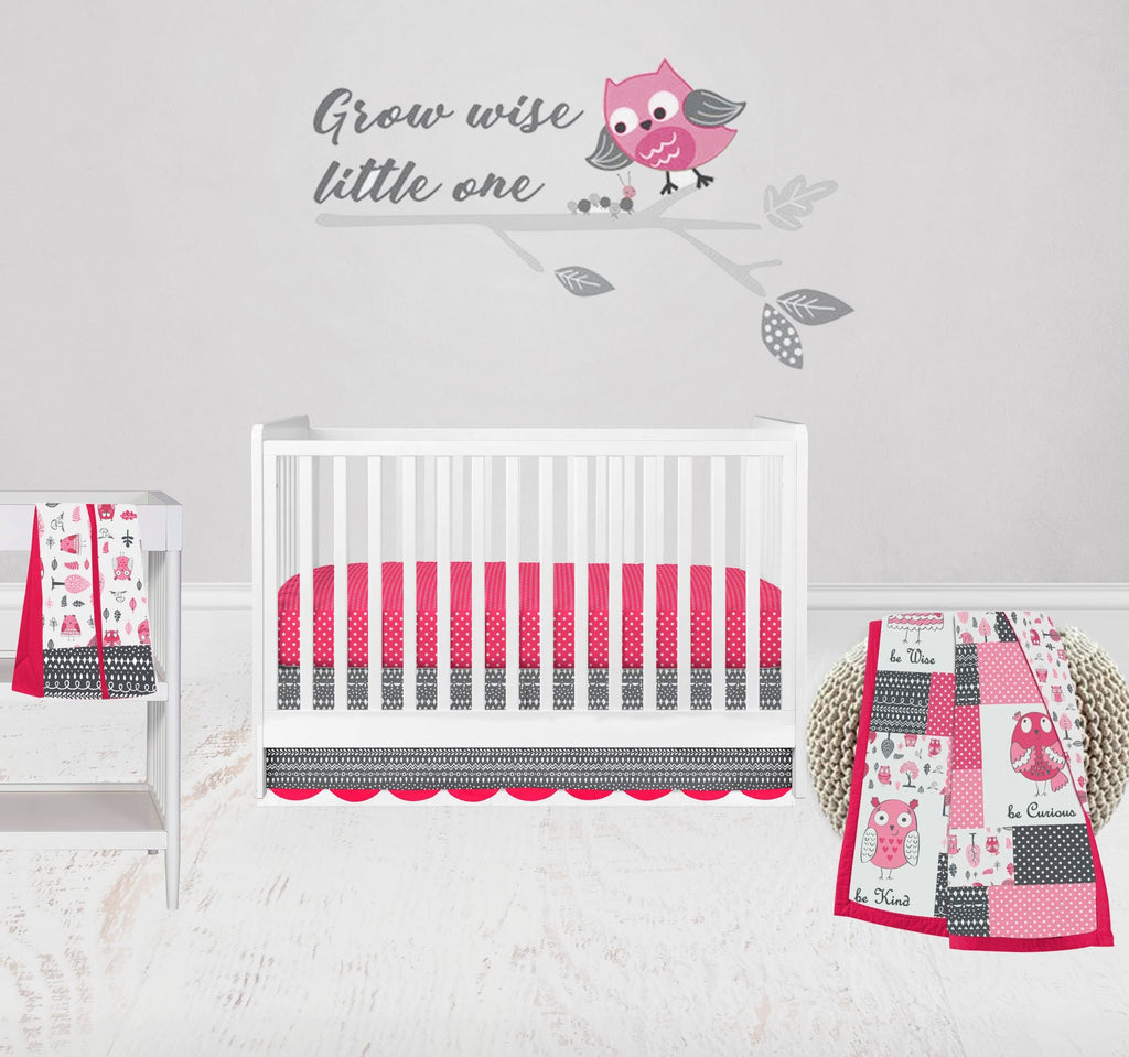 Owls in the Woods Pink/Grey Girls Crib Bedding Set - Bacati - Crib Bedding Set - Bacati