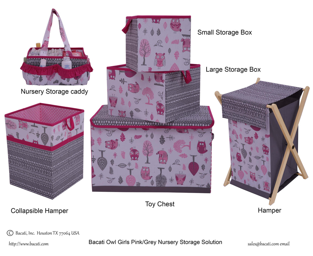 Bacati - Owls in the Woods Nursery Storage Items, Pink/Grey - Bacati - Nursery/Kids Storage - Bacati