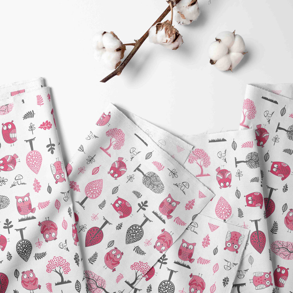 Bacati - Toddler Bedding/Sheet Set 100% Cotton Percale, Owls in the Woods Pink/Grey - Bacati - 4 pc Toddler Bedding Set - Bacati