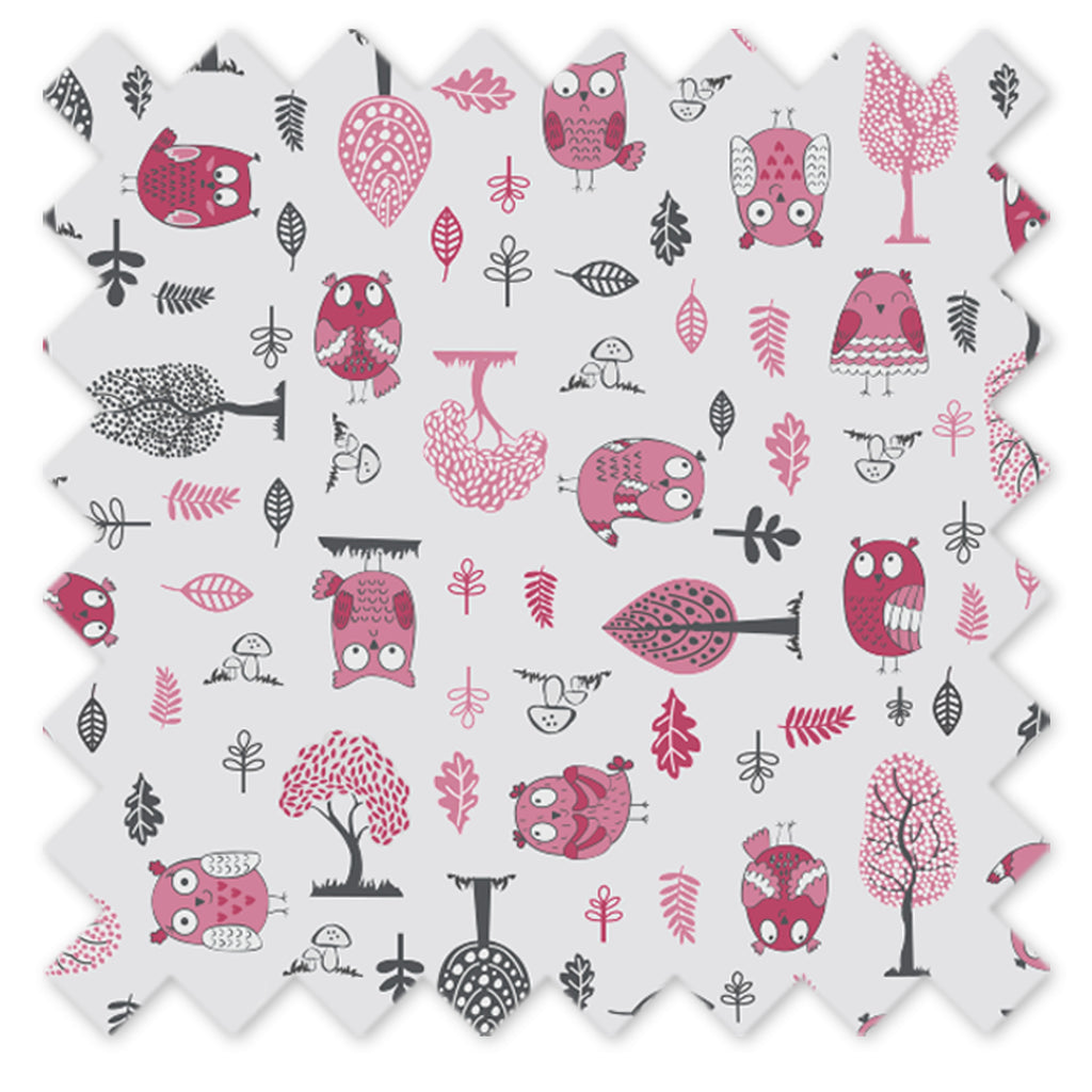 Crib or Toddler Bed Skirt or Dust Ruffle 100% Cotton Percale, Owls in the Woods Pink/Grey - Bacati - Crib or Toddler Bed Skirt - Bacati
