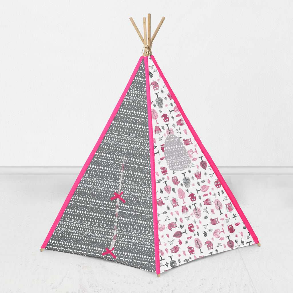 Bacati Owls in the Woods Teepee Tent for Kids/Toddlers, 100% Cotton Percale Fabric Cover, Pink/Grey - Bacati - Tee Pee - Bacati