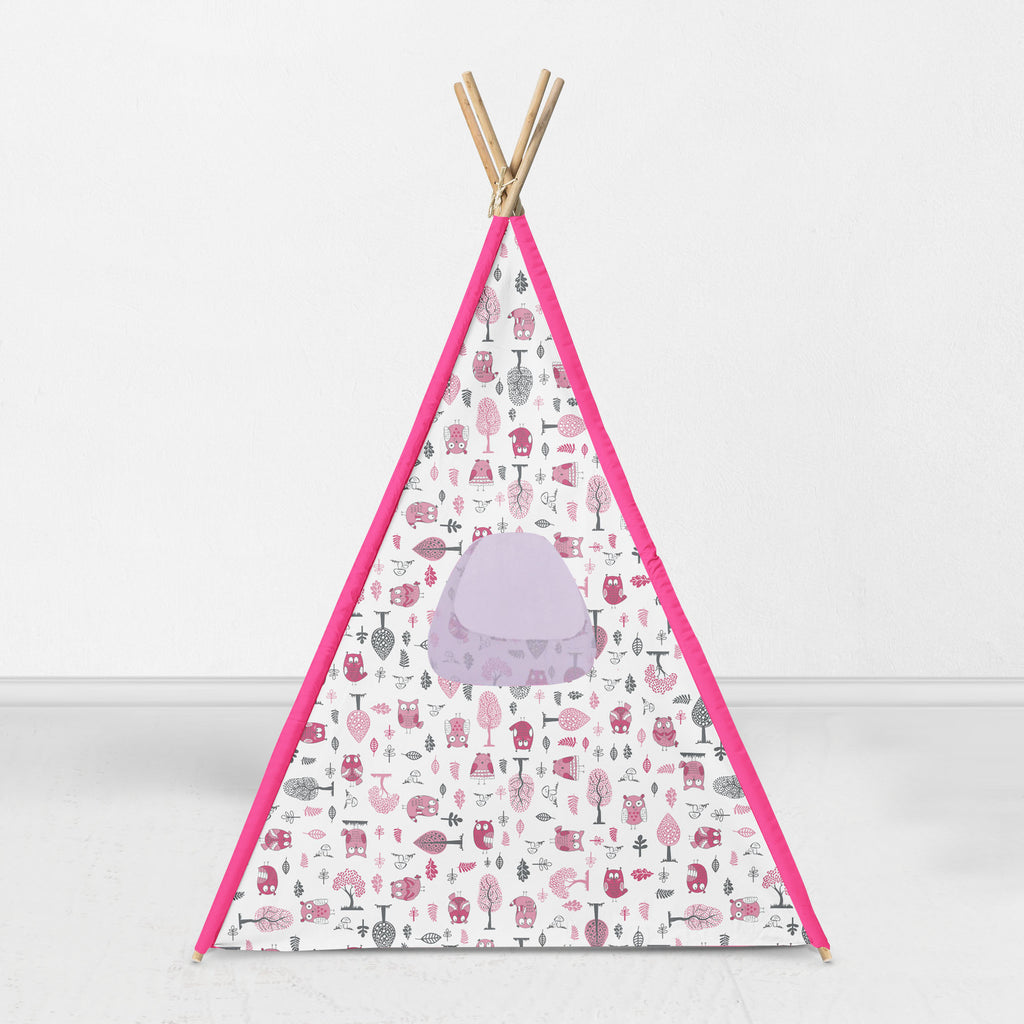 Bacati Owls in the Woods Teepee Tent for Kids/Toddlers, 100% Cotton Percale Fabric Cover, Pink/Grey - Bacati - Tee Pee - Bacati