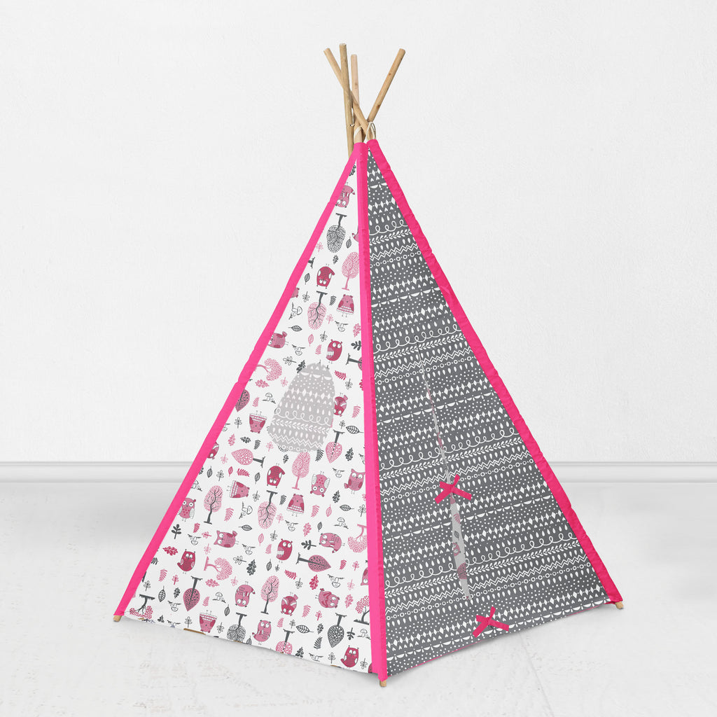 Bacati Owls in the Woods Teepee Tent for Kids/Toddlers, 100% Cotton Percale Fabric Cover, Pink/Grey - Bacati - Tee Pee - Bacati