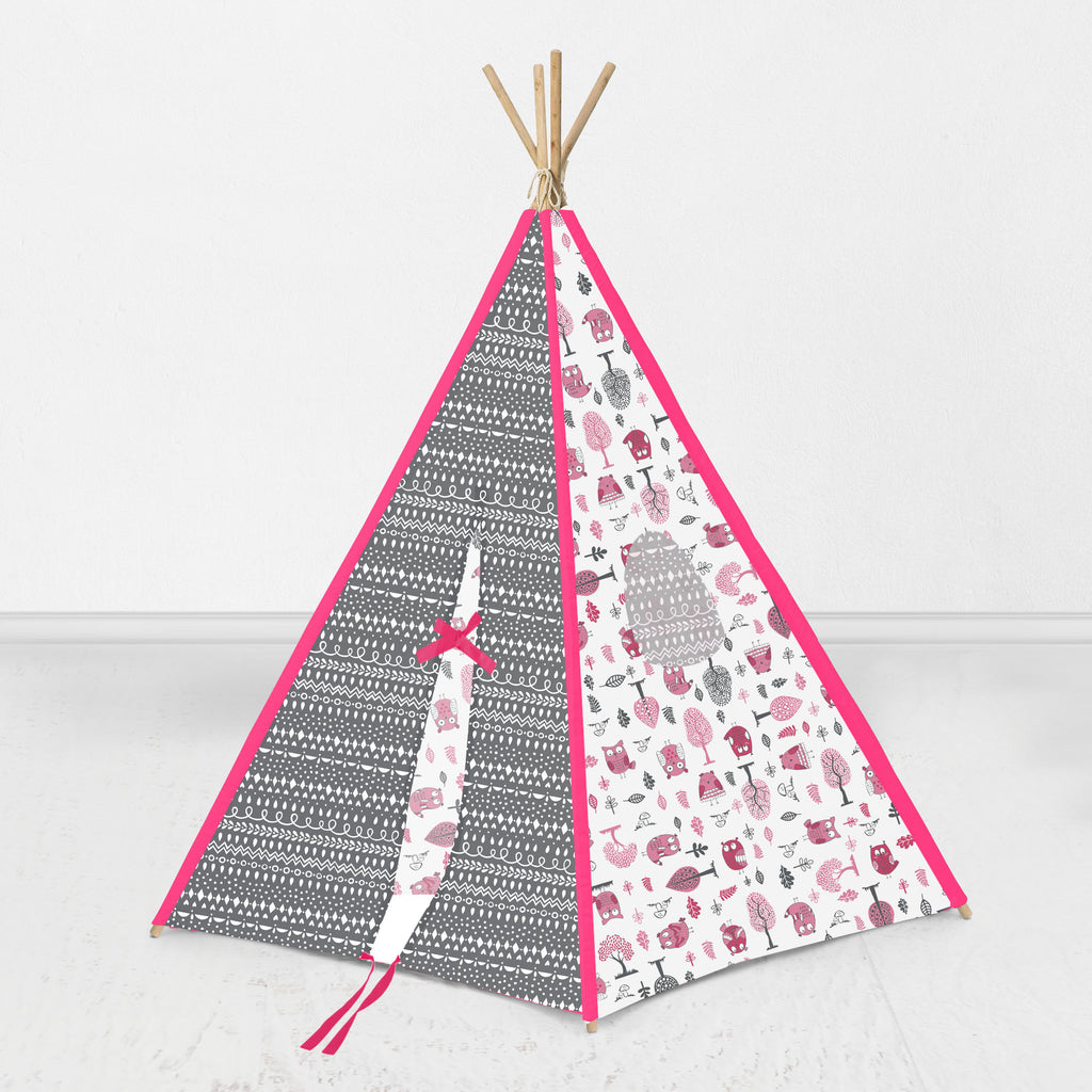 Bacati Owls in the Woods Teepee Tent for Kids/Toddlers, 100% Cotton Percale Fabric Cover, Pink/Grey - Bacati - Tee Pee - Bacati