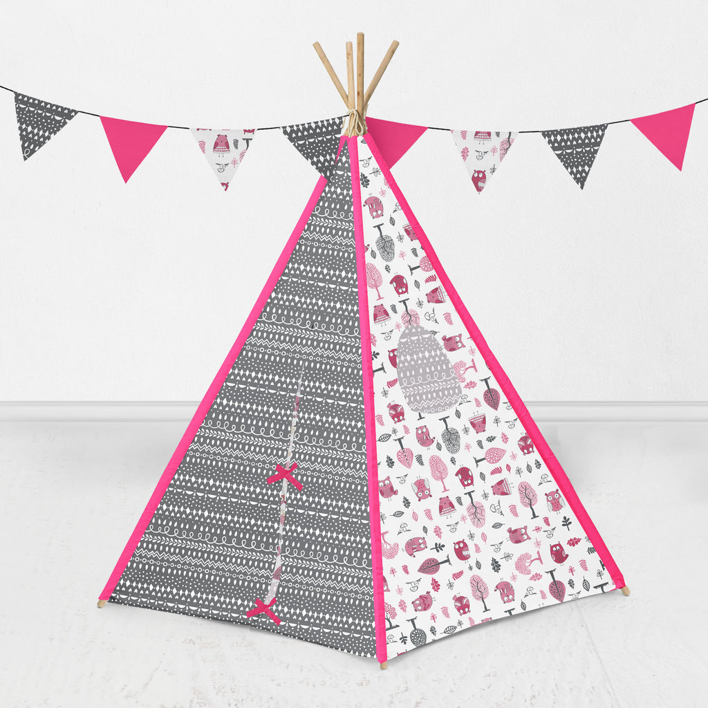 Bacati Owls in the Woods Teepee Tent for Kids/Toddlers, 100% Cotton Percale Fabric Cover, Pink/Grey - Bacati - Tee Pee - Bacati