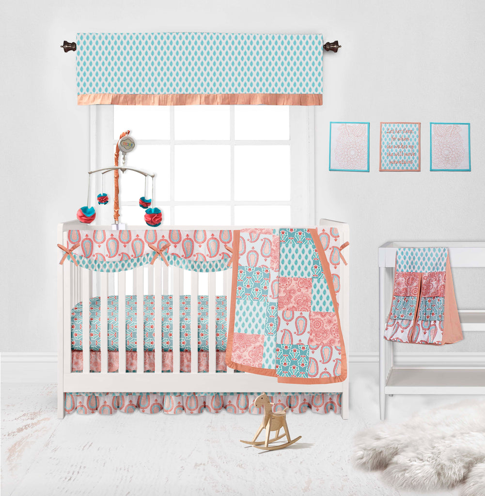 Long/Small Crib Rail Guard Covers Cotton Paisley Sophia Coral/Aqua - Bacati - Crib Rail Guard - Bacati