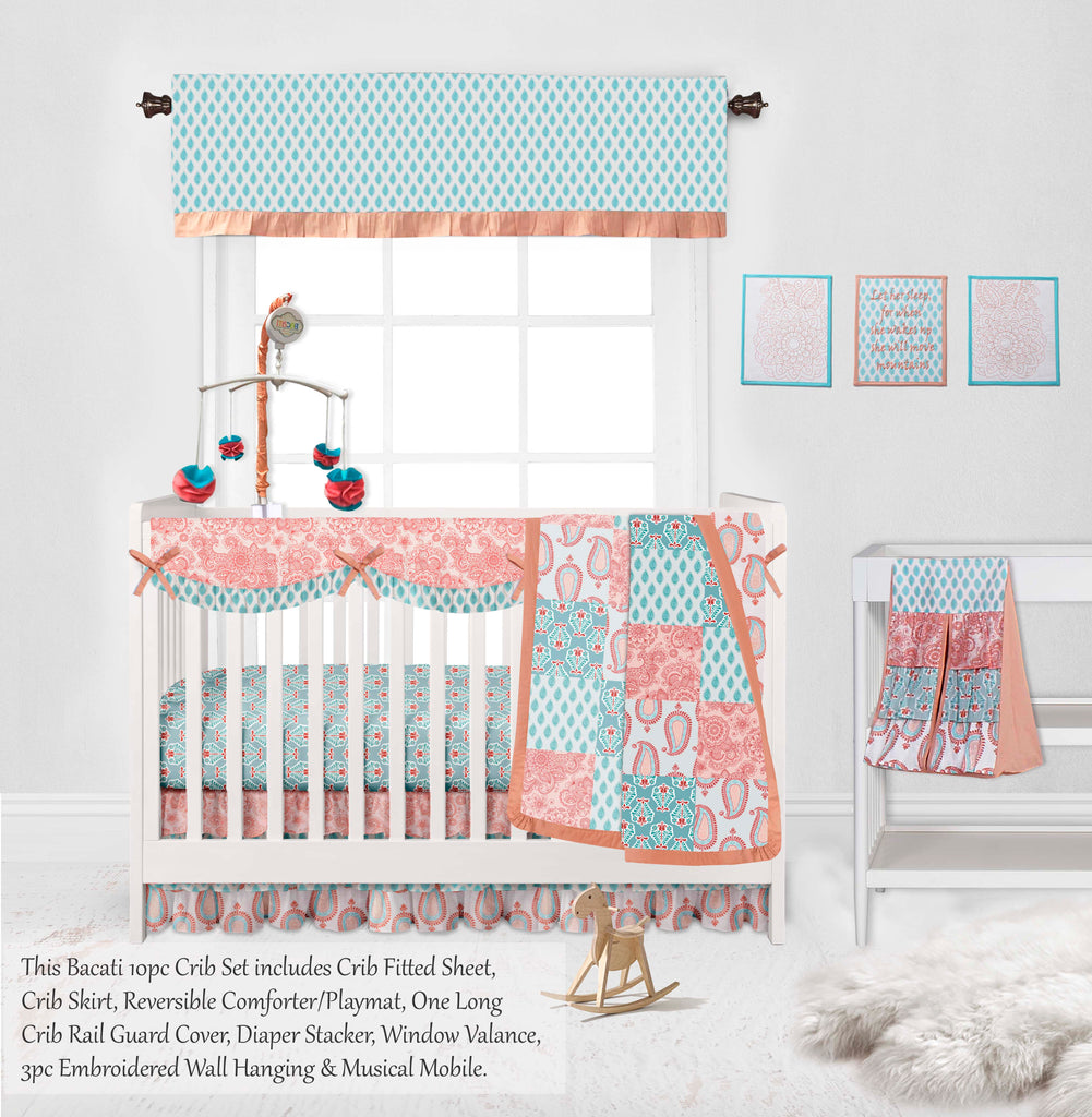 Paisley Sophia Coral/Aqua Girls Crib Bedding Set - Bacati - Crib Bedding Set - Bacati