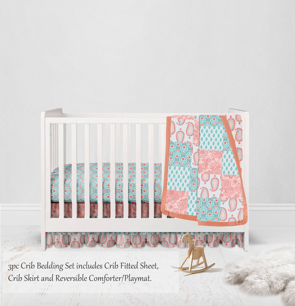 Paisley Sophia Coral/Aqua Girls Crib Bedding Set - Bacati - Crib Bedding Set - Bacati