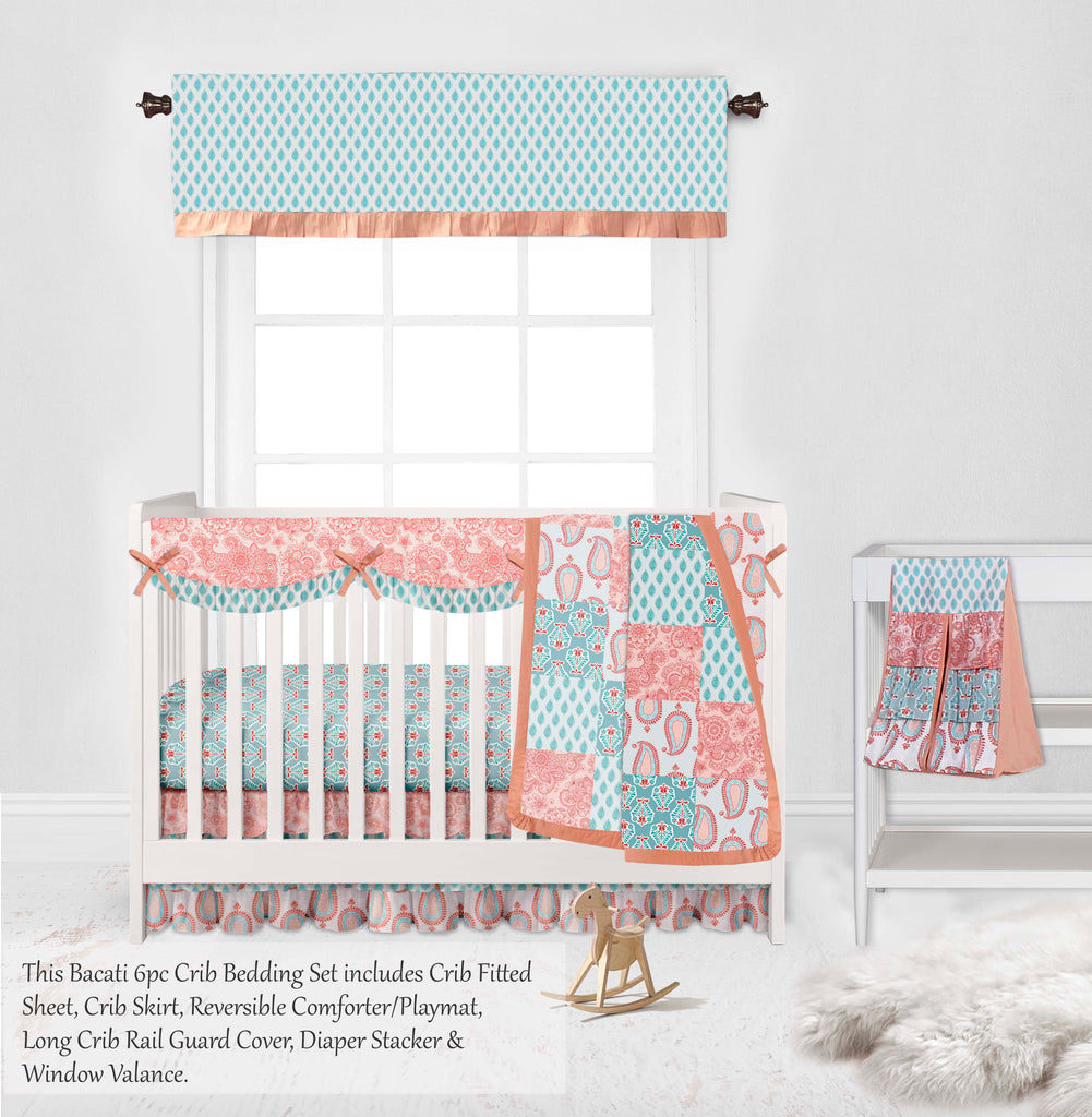 Paisley Sophia Coral/Aqua Girls Crib Bedding Set - Bacati - Crib Bedding Set - Bacati