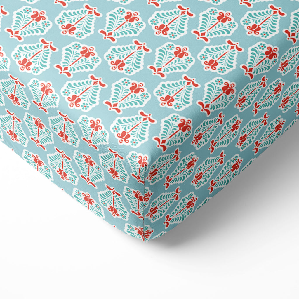 Bacati - Crib or Toddler Bed Fitted Sheet 100% Cotton Percale, Paisley Sophia Coral/Aqua - Bacati - Crib/Toddler Fitted Sheet - Bacati