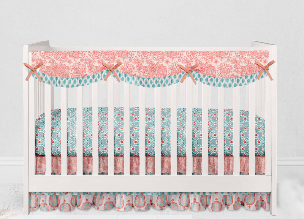 Long/Small Crib Rail Guard Covers Cotton Paisley Sophia Coral/Aqua - Bacati - Crib Rail Guard - Bacati