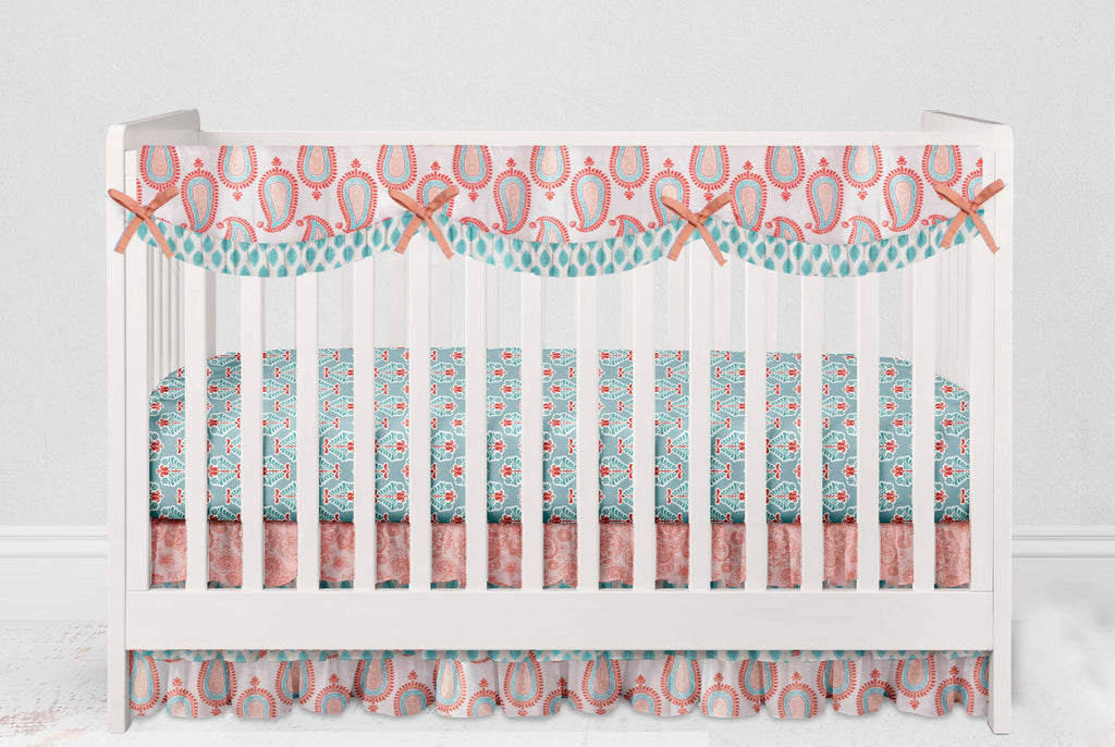 Long/Small Crib Rail Guard Covers Cotton Paisley Sophia Coral/Aqua - Bacati - Crib Rail Guard - Bacati