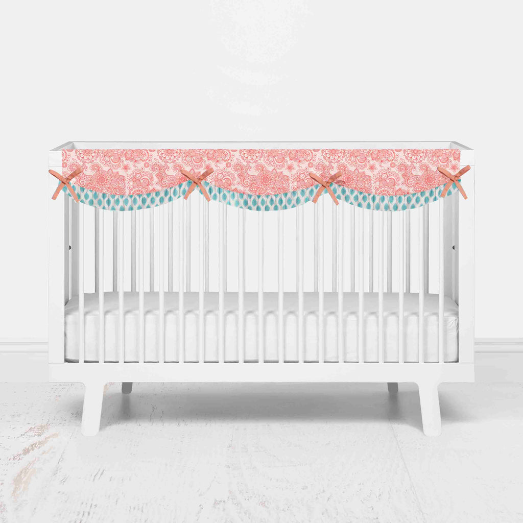 Bacati - Long/Small Crib Rail Guard Covers Cotton Paisley Sophia Coral/Aqua - Bacati - Crib Rail Guard - Bacati