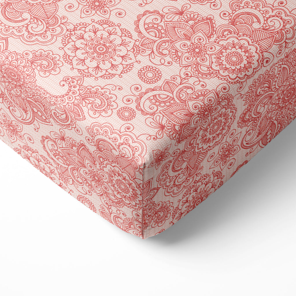 Bacati - Crib or Toddler Bed Fitted Sheet 100% Cotton Percale, Paisley Sophia Coral/Aqua - Bacati - Crib/Toddler Fitted Sheet - Bacati