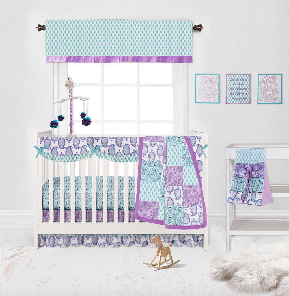 Long/Small Crib Rail Guard Covers Cotton Paisley Isabella Lilac/Purple/Aqua - Bacati - Crib Rail Guard - Bacati