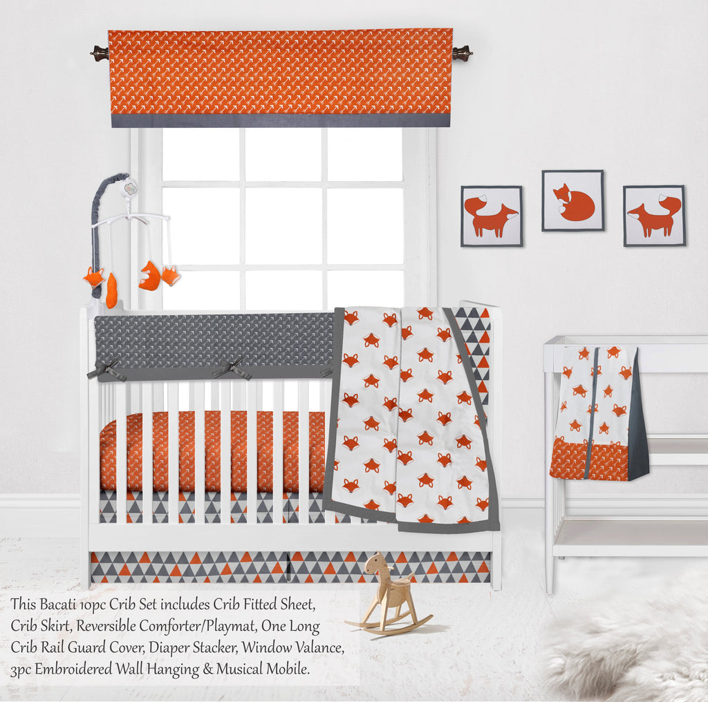 Playful Fox Orange/Grey Neutral Crib Bedding Set - Bacati - Crib Bedding Set - Bacati