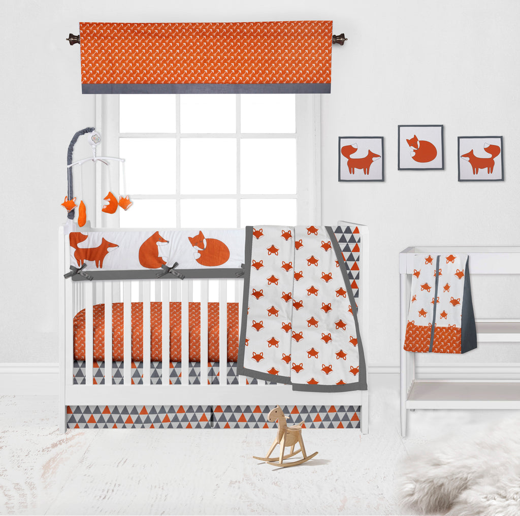 Long/Small Crib Rail Guard Covers Cotton Playful Fox Orange/Grey - Bacati - Crib Rail Guard - Bacati