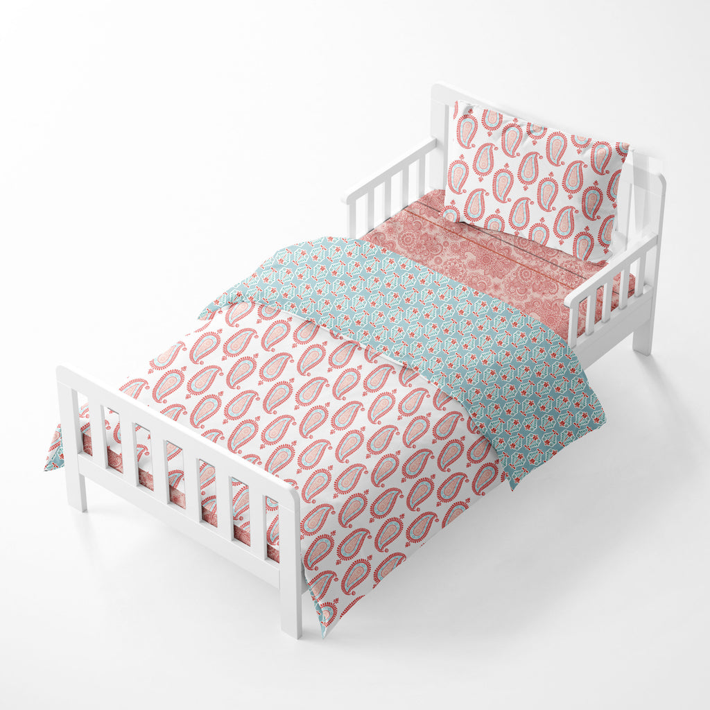 Girls 4 pc Toddler Bedding/3 pc Sheet Set 100% Cotton Percale, Paisley Sophia Coral/Aqua - Bacati - 4 pc Toddler Bedding Set - Bacati